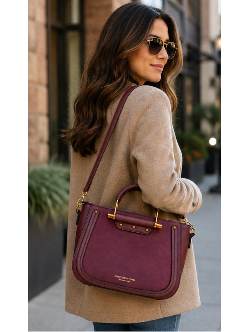 Marc New York Andrew Marc Burgundy Structure Satchel Crossbody Bag Gold Hardware